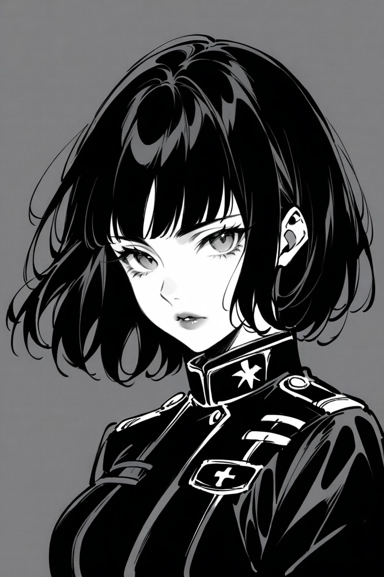 (Best quality, sketch:1.2),realistic,illustrator,anime,1 girl, detailed lips, black clothes, military, medic,custom, (dark monochrome background), dark hair,Textured trim, masterpiece, retro classic style, dark black, Art, sketch book, (black bob hair:1.75 neon:1.32), bad women , Dark Shadows 