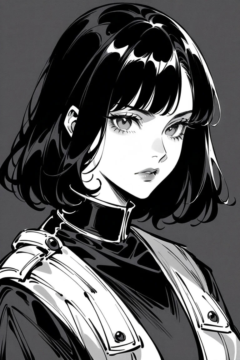 (Best quality, sketch:1.2),realistic,illustrator,anime,1 girl, detailed lips, black clothes, military, medic,custom, (dark monochrome background), dark hair,Textured trim, masterpiece, retro classic style, dark black, Art, sketch book, (black bob hair:1.75 neon:1.32), bad women , Dark Shadows 