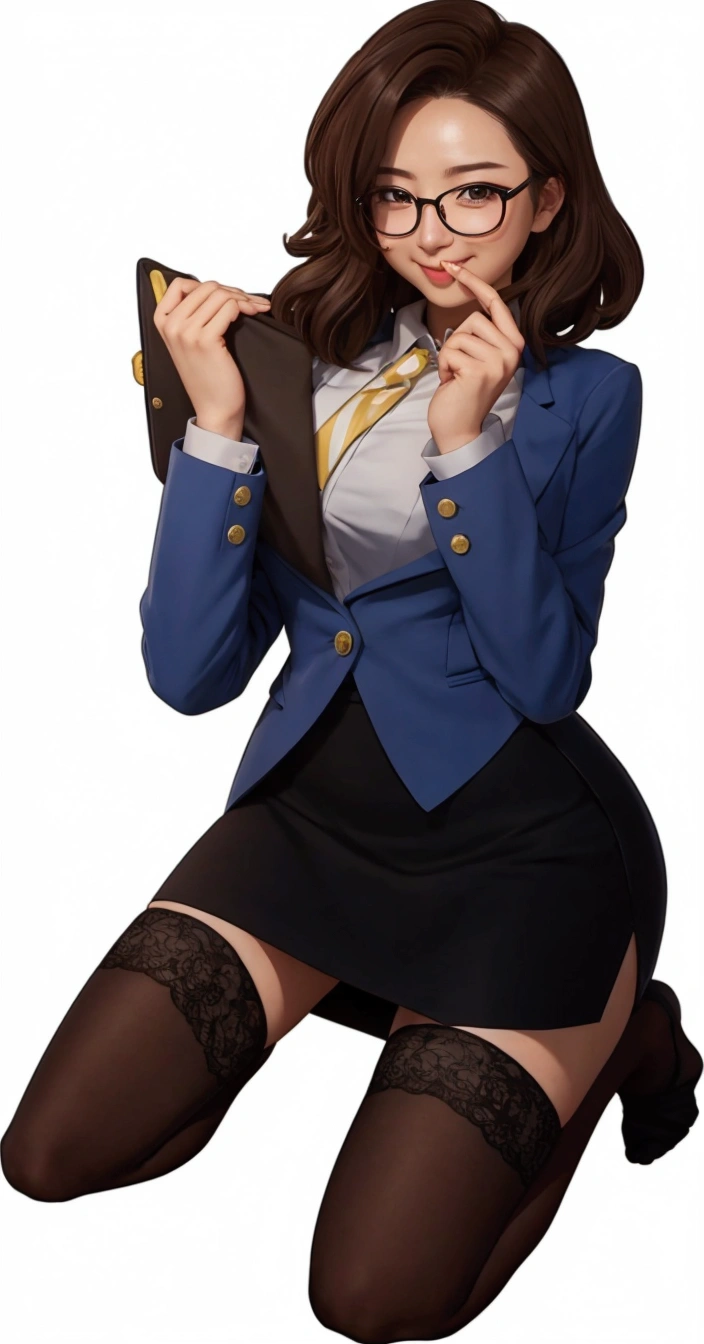 一个Kneeling的女人左手拿着文件，右手Place your index finger to your mouth，Female Secretary，Blue coat，Wear a white shirt，Kneeling，Kneeling，Kneeling，Black leg socks，Hip skirt，Brown curly hair，short hair，Black-rimmed glasses，Smile，Place your index finger to your mouth，Cartoon风格，Thick coating style，Comic Style，ue5 render，Cartoon，Comic Style