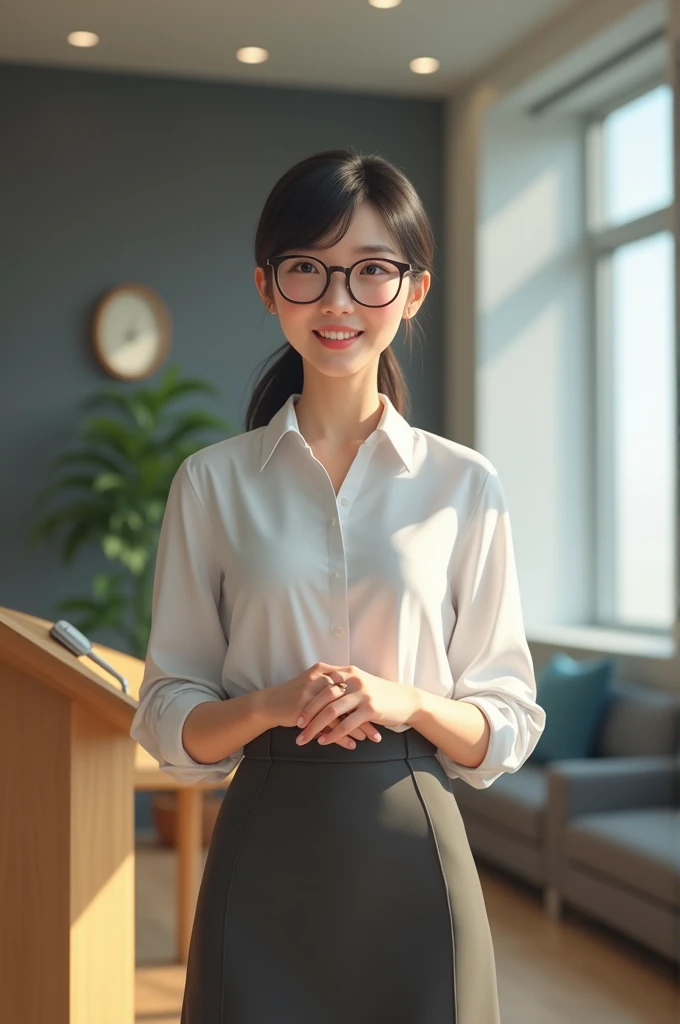Cute Japanese girl giving a presentation at work Glasses