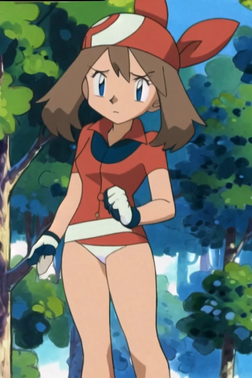 masterpiece, best quality, highres, outdoors, 1girl, solo, may (pokemon), bandana, embarrassed, caught getting dressed, underwear, no clothes on