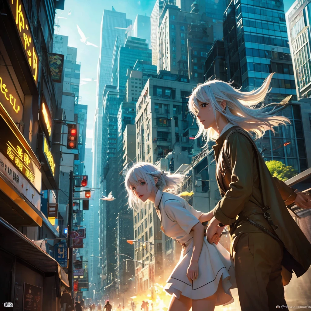 Anime couples are walking in a sci-fi city full of feasting and debauchery. A waist-length girl with white hair and golden pupils is leading a man with medium hair. Shadows of dragons and phoenixes emerge behind them. Close-up perspective. Concept art Makoto Shinkai, pixiv winner, romanticism, Makoto Shinkai Cyril Rolando, love concept art, ros trance. Landscape background, Ross Tran and Makoto Shinkai, Ross Tran and Ilya Kuvshinov, Loish and Ross Tran.  