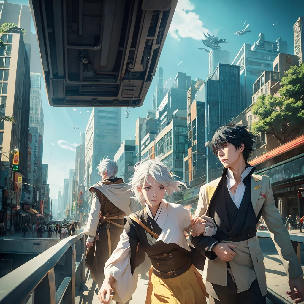 Anime couples are walking in a sci-fi city full of feasting and debauchery. A waist-length girl with white hair and golden pupils is leading a man with medium hair. Shadows of dragons and phoenixes emerge behind them. Close-up perspective. Concept art Makoto Shinkai, pixiv winner, romanticism, Makoto Shinkai Cyril Rolando, love concept art, ros trance. Landscape background, Ross Tran and Makoto Shinkai, Ross Tran and Ilya Kuvshinov, Loish and Ross Tran.  