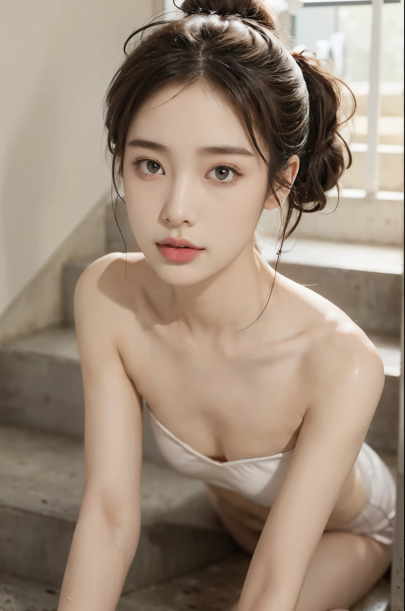 (((best quality))),(((ultra detailed))),(((masterpiece))),illustration,((1 beautiful young girl,solo)),(short ponytail:1.2),((slim,thin)),((small breasts,flat chest)),((sweat,wet)),(face blush:1.3),attractive, serene, sunlight,(in stairwell:1.3),((in residential building,indoor)),summer afternoon,(headphones on head:1.3),(strapless yoga bra:1.3),comfortable, movement,fair skin, radiant, hazel eyes,sun-kissed, lightweight fabric,whimsy,(concrete steps:1.3), shadows,peaceful, idyllic scene, frozen moment, capturing essence,((from front,close-up of face))