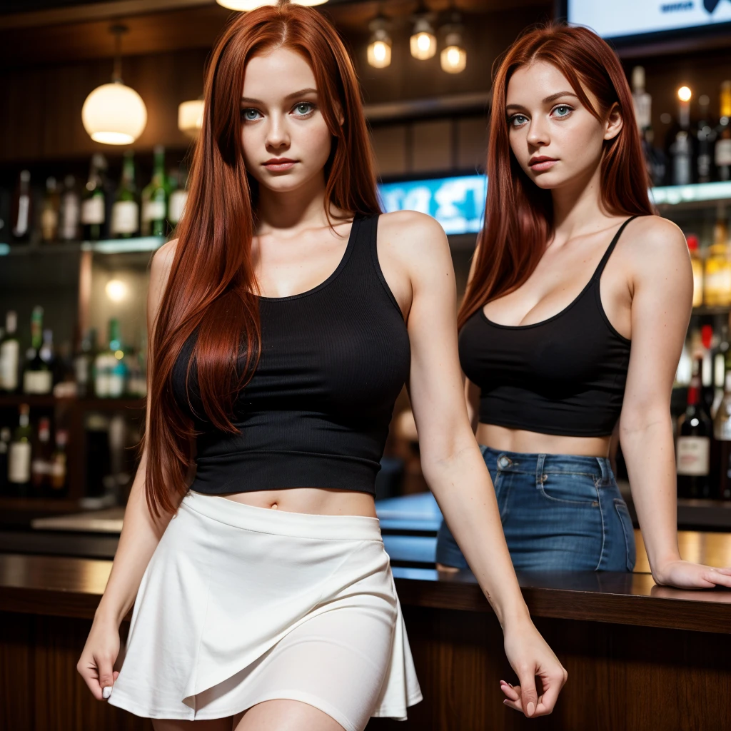 Young woman, 20 years, arrogant look, looks down, the camera looks at the waist level, long red hair, Blue eyes, big round breasts, short black tank top and short white skirt, leaves the bar at night