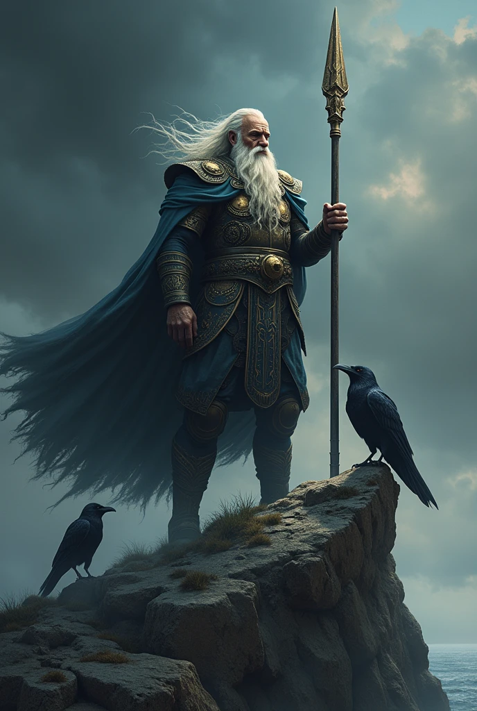 Odin with a spear and crows in the dark