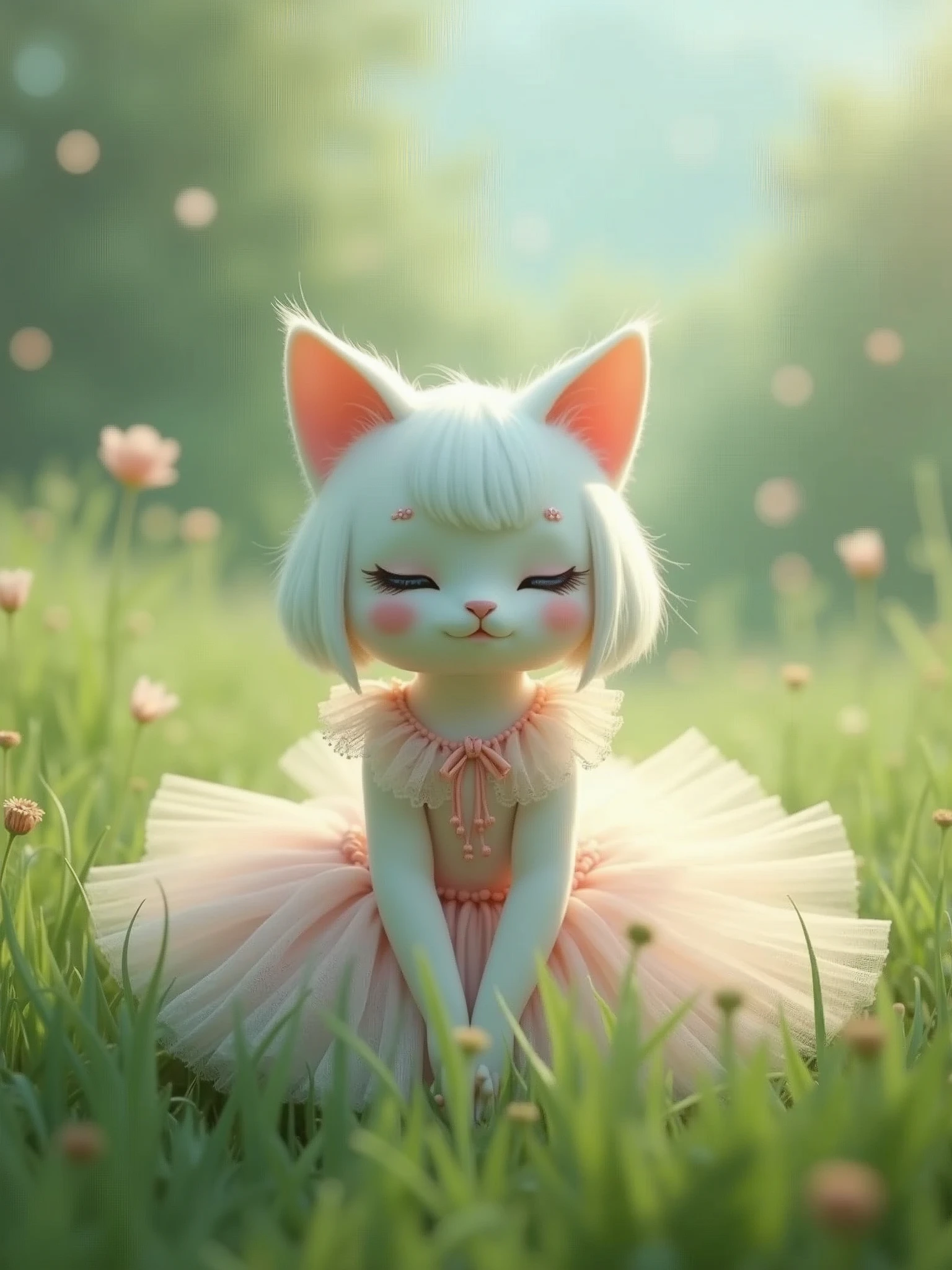 a white cat sitting on top of a lush green field, fairy cgsociety, dressed as a ballerina, inspired by Margaret Keane, with short bobbed white hair, hwang se - on, soft blush, light blush, blush