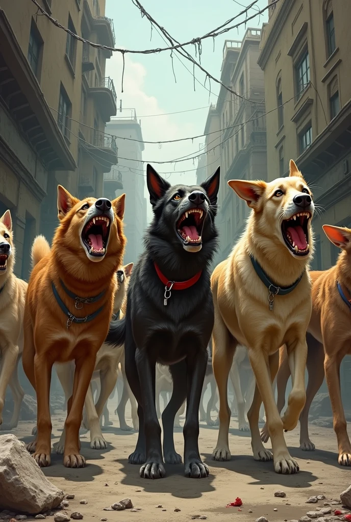 A group of street dogs they are barking 