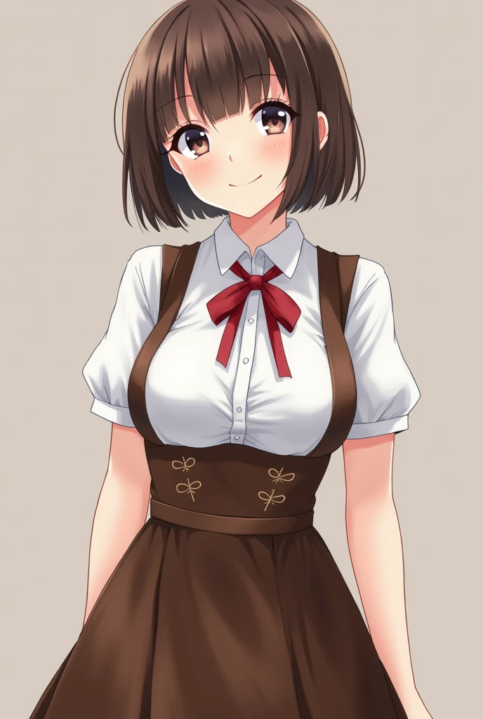 High school girls、Brown short hair、、Too big breasts、Breasts 20cm in diameter and 40cm in length、Oversized breasts that reach the navel、She wears a school uniform designed like a dirndl、Red ribbon at neck、White shirt、Brown Dirndl、Too beautiful girl、whole body、Standing、smile、Visible from head to toe、Are standing