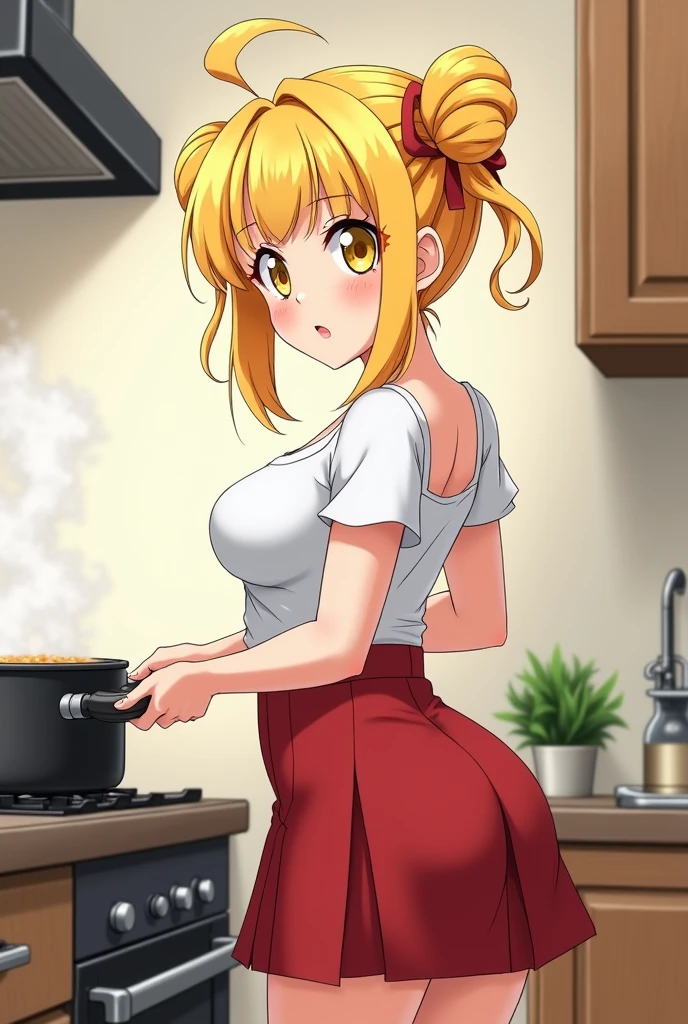 anime girl with big breasts yellow hair tied on both sides curly and wearing a red skirt her skirt is lifted from behind and you can see her whole ass she has no shirt on yellow eyes and is cooking soup she has a big butt she is a  