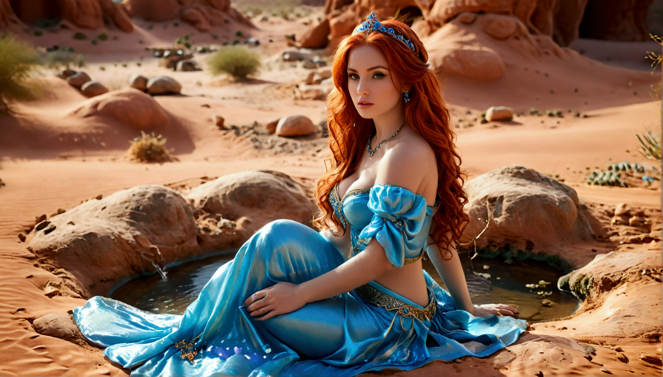 (full body shot:1) photorealistic image of a (sitting pose:1) woman, ultrarealistic, photography, long red hair, woman, 24 years old, hourglass figure, perfect body, seductive look, natural medium breasts, blur background, she is wearing a blue princess jasmine outfit, she is in an oasis in a desert, sitting near a small waterhole, zoomed out, extreme wide angle