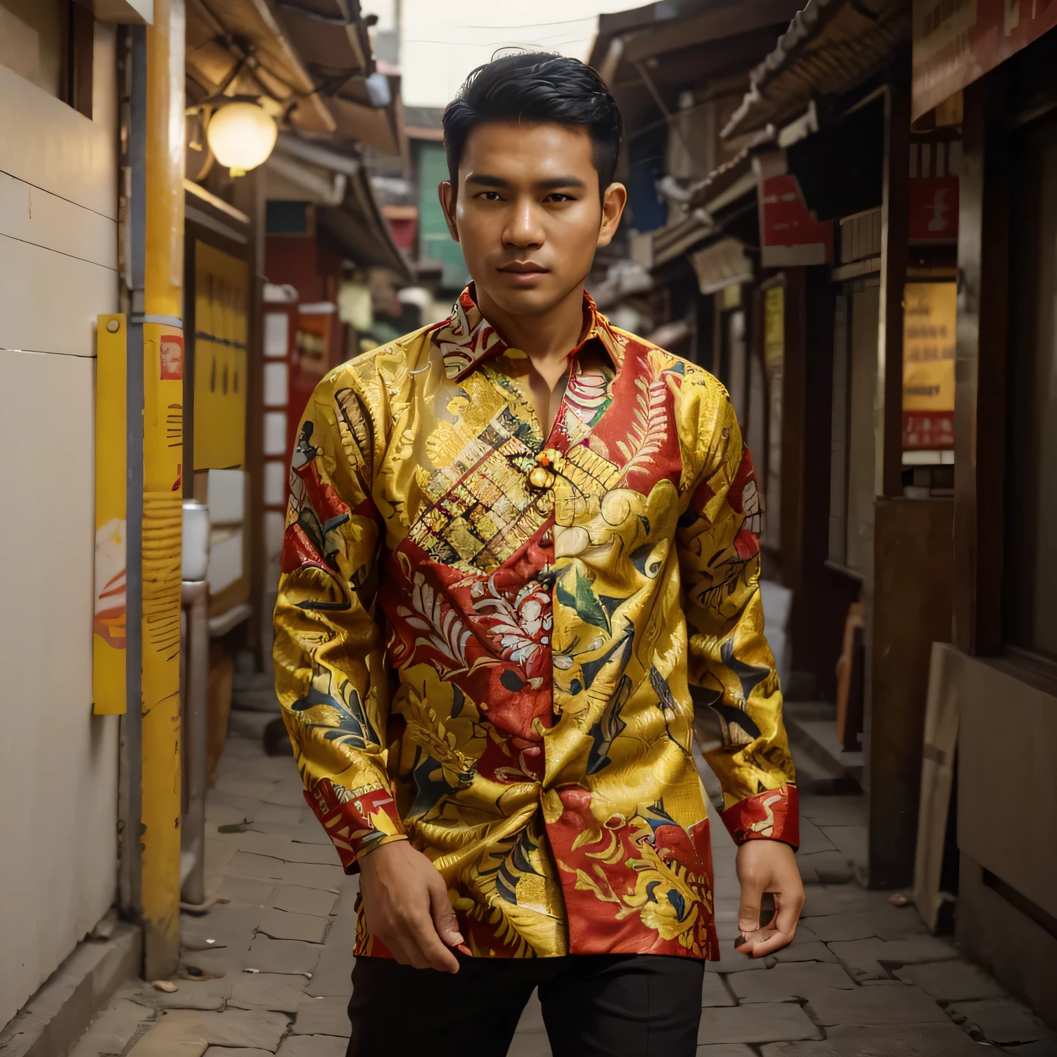 ((best quality)), ((masterpiece)), (detailed), 25 years old Indonesian men wearing indonesia batik ,bright color yellow and red repetitive patern batik , blazzer, shop street, highly detailed, intricate, 8k octane rendering