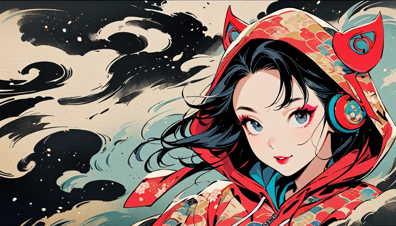 (((Ink Painting))), (((from above))), (((1 female))), (((Put on the hood))), (((Japanese pattern hoodie))), (((Very flashy makeup))), Japanese style headphones, devil, face close-up, front view, Japan人の美少女, Black Hair, Delicate and precise, Modern ukiyo-e style,Japan, Droopy eyes, round face, smile, Fuller lips, vivid color