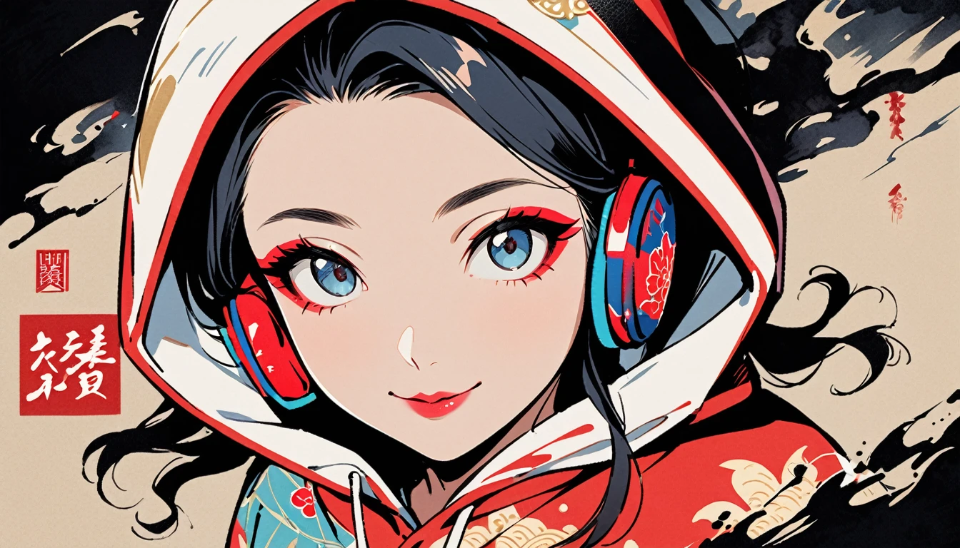 (((Ink Painting))), (((from above))), (((1 female))), (((Put on the hood))), (((Japanese pattern hoodie))), (((Very flashy makeup))), Japanese style headphones, devil, face close-up, front view, Japan人の美少女, Black Hair, Delicate and precise, Modern ukiyo-e style,Japan, Droopy eyes, round face, smile, Fuller lips, vivid color