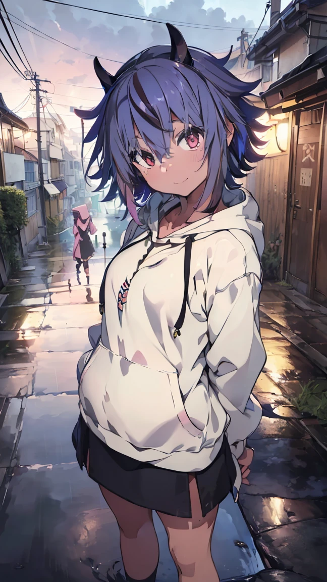 masterpiece, Highest quality, High resolution, Very detailed,(((Mikoto Naruka))), (((Alley)))、(((Puddle)))、(((smile)))、(((Standing in the distance))), (((Wearing a black hoodie。))), night, (((heavy rain))), (((Blue Hair))), (((Multicolored Hair))), (((horn))), (((Pink Eyes)))