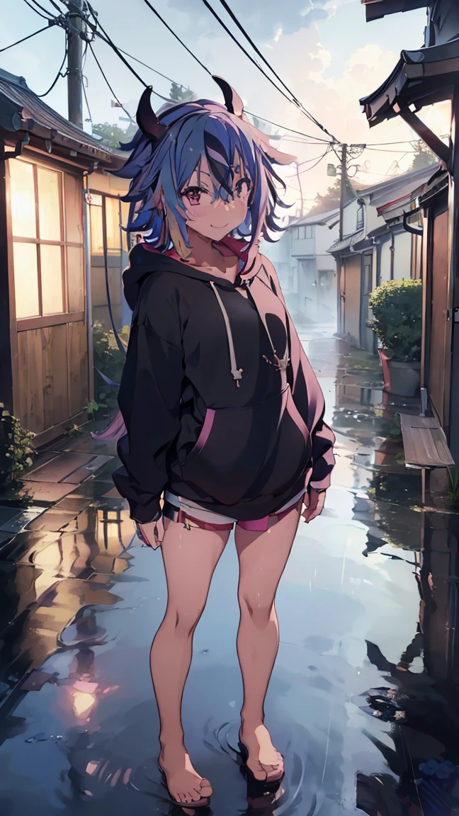 masterpiece, Highest quality, High resolution, Very detailed,(((Mikoto Naruka))), (((Alley)))、(((Puddle)))、(((smile)))、(((Standing in the distance))), (((Wearing a black hoodie。))), night, (((heavy rain))), (((Blue Hair))), (((Multicolored Hair))), (((horn))), (((Pink Eyes)))