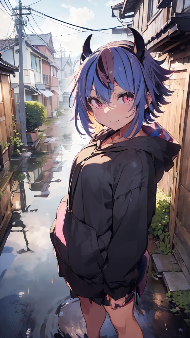 masterpiece, Highest quality, High resolution, Very detailed,(((Mikoto Naruka))), (((Alley)))、(((Puddle)))、(((smile)))、(((Standing in the distance))), (((Wearing a black hoodie。))), night, (((heavy rain))), (((Blue Hair))), (((Multicolored Hair))), (((horn))), (((Pink Eyes)))