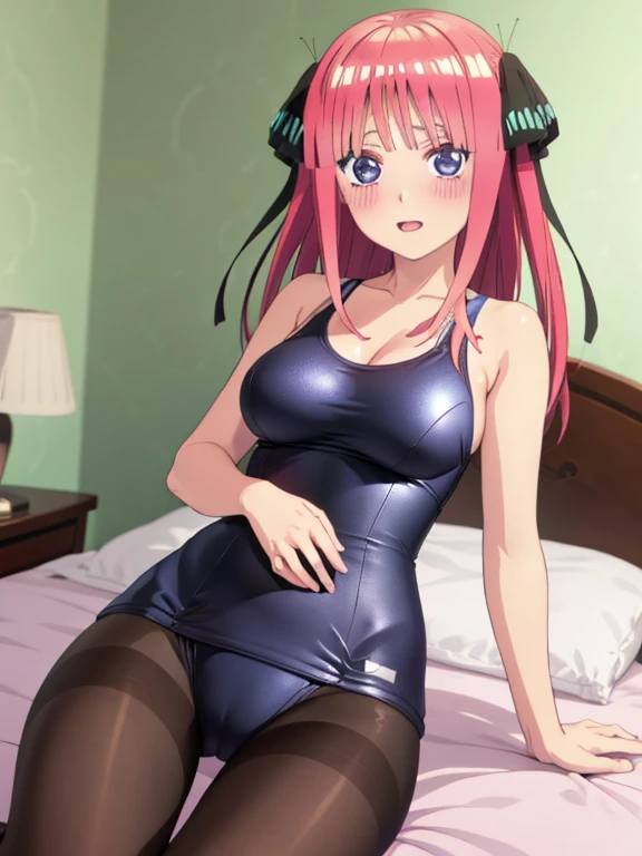 best quality, insanely detailed, nino nakano, breasts, blush, bedroom background, looking at viewer, one-piece swimsuit, cheerful eye, pantyhose