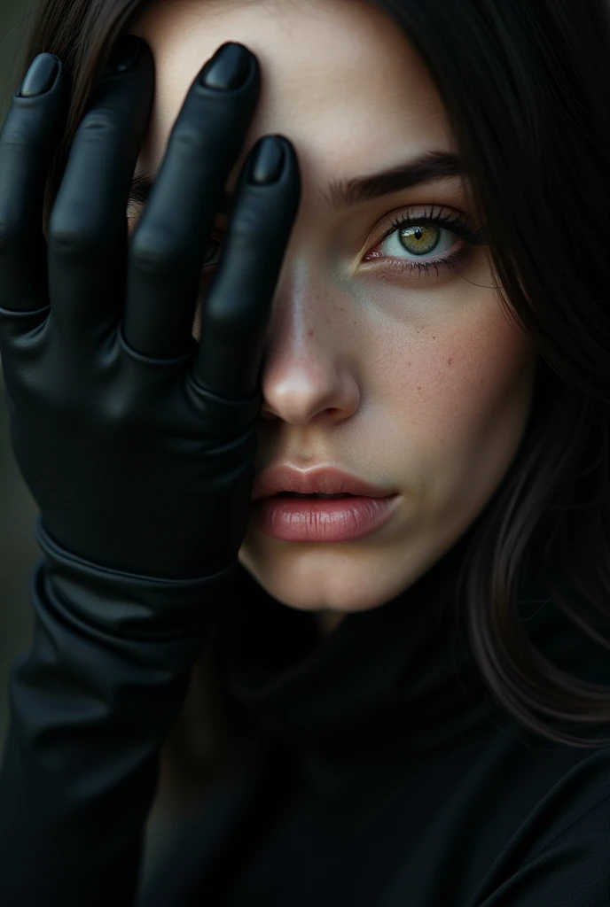 close-up portrait of a woman with pale skin and striking light yellow eyes, gaze to front, a matte black hands covering part of her face, creating a mysterious and intimate atmosphere, with a focus on the contrast between the softness of his features and the dark, textured hand, UHD