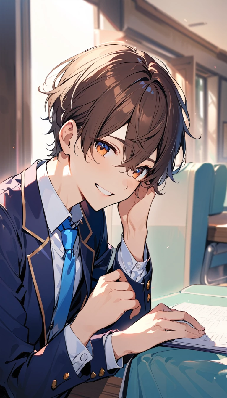 a boy, Brown Hair, Short Hair, kind, sincerity, smile,blazer,Blue tie, high school student