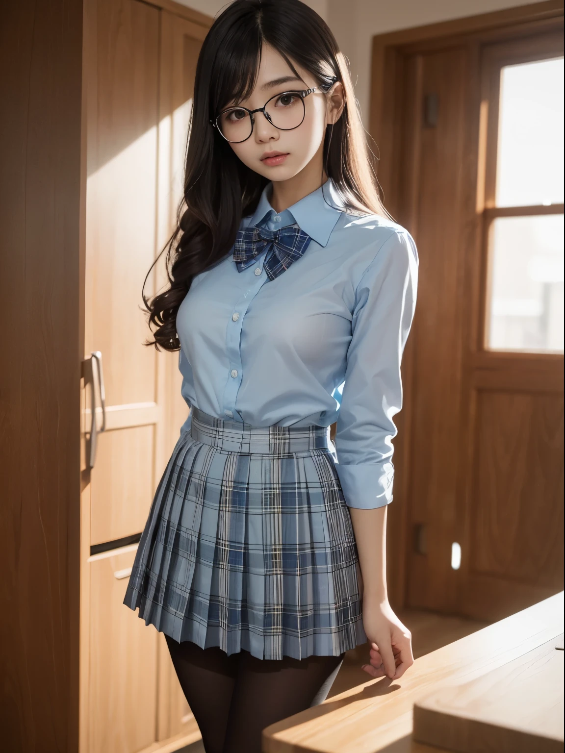 (8k、生photograph、Highest quality、masterpiece:1.2)、(Small eyes)、((Black Pantyhose))、((Small breasts)、(Small breasts)、(Small breasts)、(Cutting board)、(Cutting board))、((Half an eye))、((Sleepy eyes))、((Squint your eyes))、(Round Glasses)、Droopy eyes、One person、cute、JK、high school girl、Japanese women、(Are standing)、(PhotoReactive:1.37)、Photon Mapping、Real、(Very delicate face)、cute小さな顔、Brown eyes、(Red bow tie)、Radio City、Physically Based Rendering、Prospect、Character boundary depth、Blurred Background、photograph、girl、body、Beautiful feet、Long legs、Thin legs、(前hairが見える)、hair、lips、Blue_The目、Soft Nose、(Light blue shirt)、(Navy, blue and white plaid pleated skirt)、High school uniforms、See-through clothing、Thighs、black cotton socks、Nogizaka Idol、Japan Ido