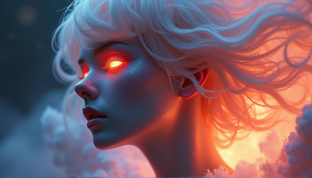 Cosmic Fallen Angel, glowing light eyes, Delicate and beautiful face,sky hair,Bigchest,Biomechanical, eerie, Dream-like, Very bright colors, Light particles, with light glowing, Mshiv, wallpaper art, UHD wallpaper
