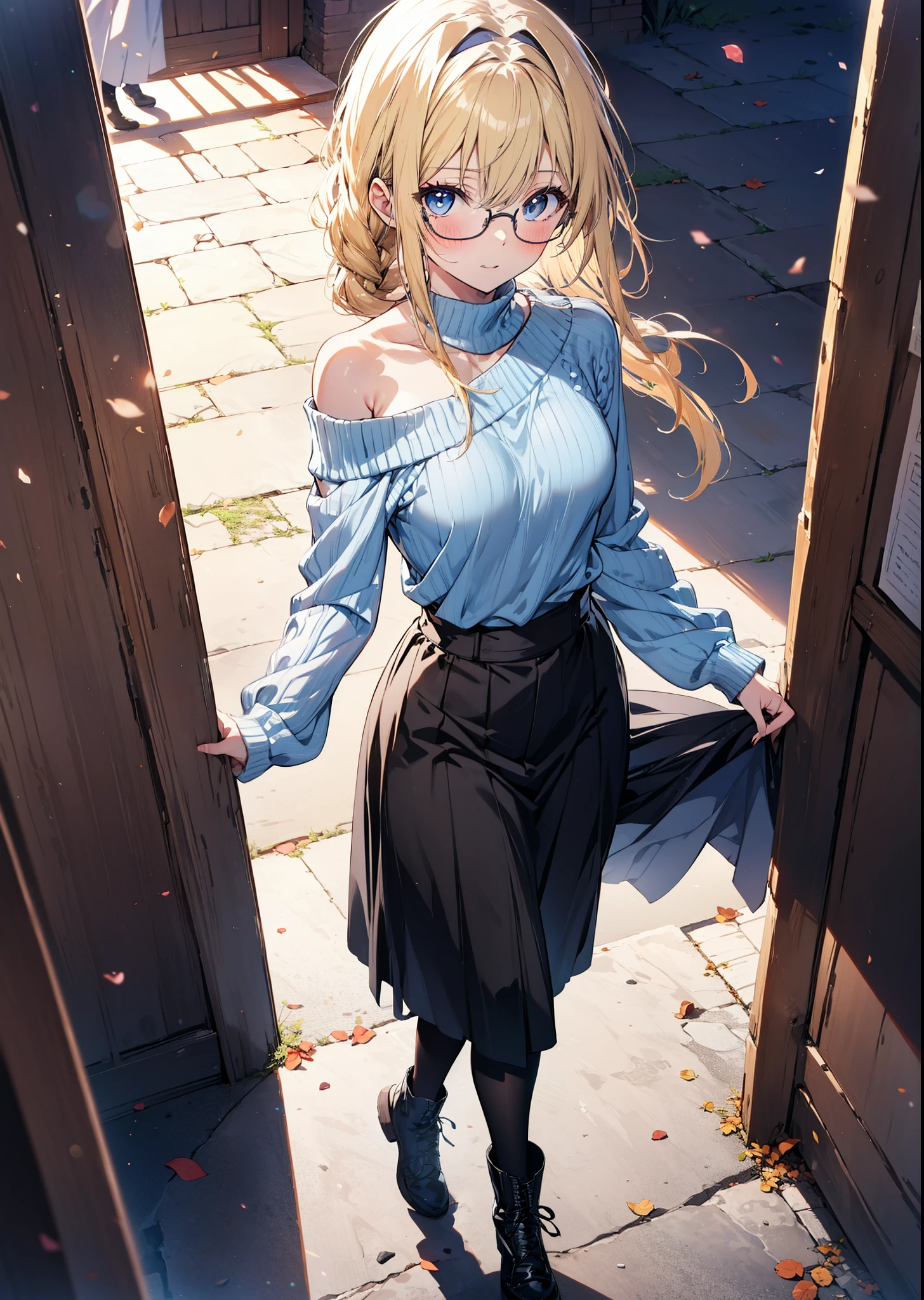 Alicesburg, Alice Zuberg, bangs, blue eyes, Blonde, Hair between the eyes, hair band,smile,blush,Open your mouth, Long braids,Glasses,One-shoulder sweater,Long skirt,Black pantyhose short boots,Walking,Daytime,Clear skies,whole bodyがイラストに入るように,
break outdoors ,Building district,
break looking at viewer, whole body,
break (masterpiece:1.2), Highest quality, High resolution, unity 8k wallpaper, (figure:0.8), (Beautiful attention to detail:1.6), Highly detailed face, Perfect lighting, Highly detailed CG, (Perfect hands, Perfect Anatomy),