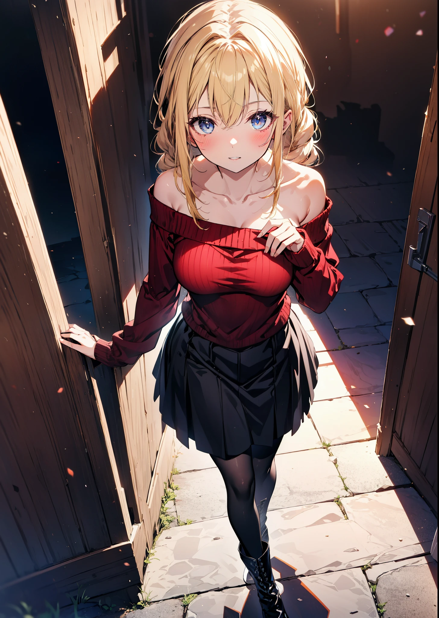 Alicesburg, Alice Zuberg, bangs, blue eyes, Blonde, Hair between the eyes, hair band,smile,blush,Open your mouth, Long braids,Glasses,One-shoulder sweater,Long skirt,Black pantyhose short boots,Walking,Daytime,Clear skies,whole bodyがイラストに入るように,
break outdoors ,Building district,
break looking at viewer, whole body,
break (masterpiece:1.2), Highest quality, High resolution, unity 8k wallpaper, (figure:0.8), (Beautiful attention to detail:1.6), Highly detailed face, Perfect lighting, Highly detailed CG, (Perfect hands, Perfect Anatomy),