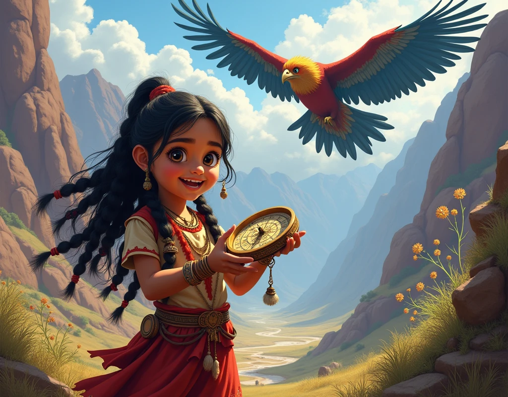 A Peruvian girl with braided hair and big eyes,happy, Colca Canyon explorer, se encuentra una antigua brújula muy emocionada y happy detrás de ella un ave gigante multicolor que vuela a lo lejos la cuida