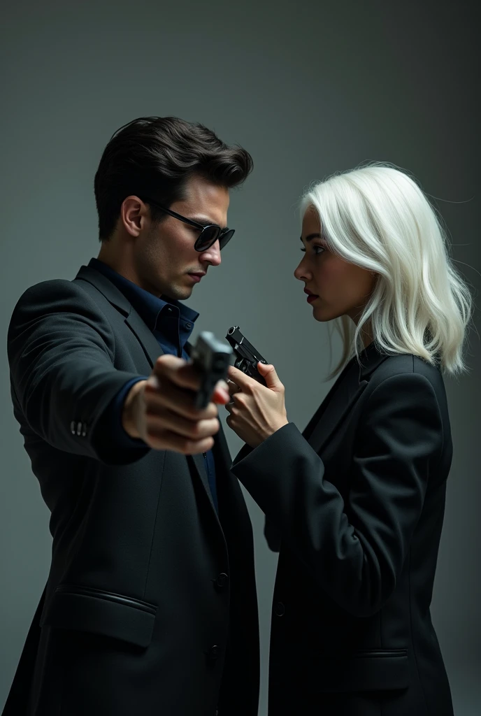 A dark-haired young man in a suit and sunglasses aiming a pistol with one hand and a cool young woman with white hair