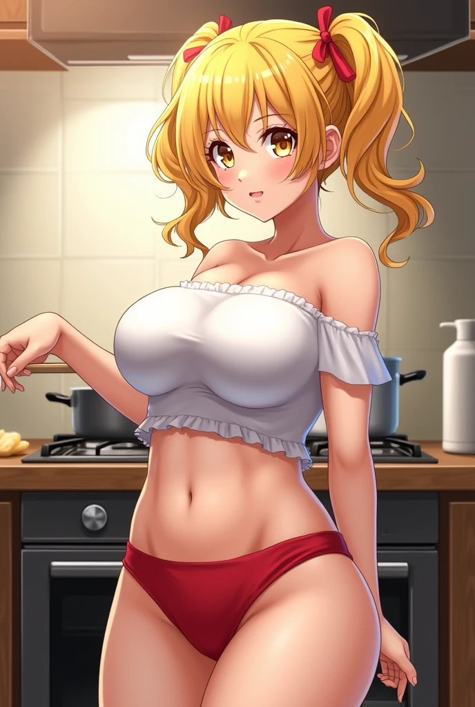 Anime girl with big breasts, yellow hair tied on both sides, curls that touch her shoulders and is wearing a white dress on top and red on the bottom, yellow eyes and is cooking soup, she is somewhat small with a big butt and big breasts