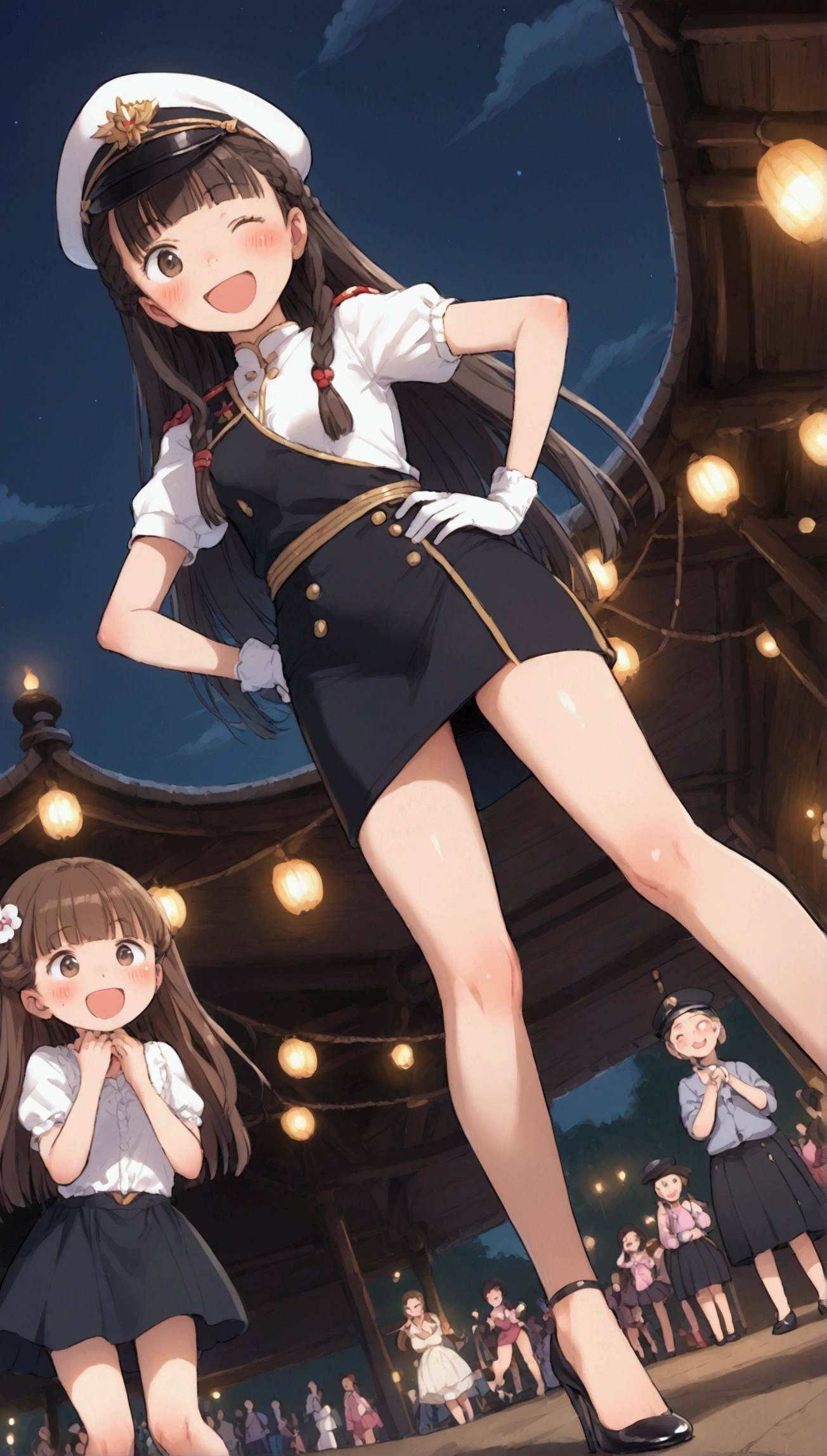 {Highest quality}, {Super beautiful},{Ultra fine},{Best illustration},Brown Hair,Hime cut,long hair,Braid,One woman,Standing Woman,Strike a pose,Adult women,smile,Excited face,Wink,Uniform cap,White Shirt,Short sleeve,long black skirt,White gloves,Night Festival,Blushing,Slender,Black stiletto heels,barefoot,From an angle,From below,Put one hand on your hip,Spread your legs