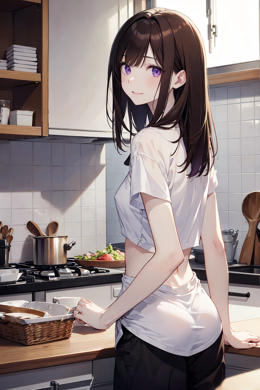 look back、Realistic, Real person, (Pale skin: 1.2), RAW Photos, Realistic, Portrait Photography, Glowing Skin, Japanese Idols、Shiny Hair、(bangs，straight，Shortcuts，１７Old woman) and (Brown Hair) and (Purple eyes) , Wearing a white T-shirt、 smile, The background is the kitchen、alone、cooking，Small breasts，Flat chest