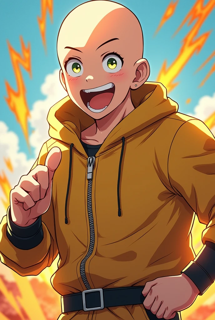 A bald young man resembling Saitama wearing Midoriya's clothes with heroic movements.