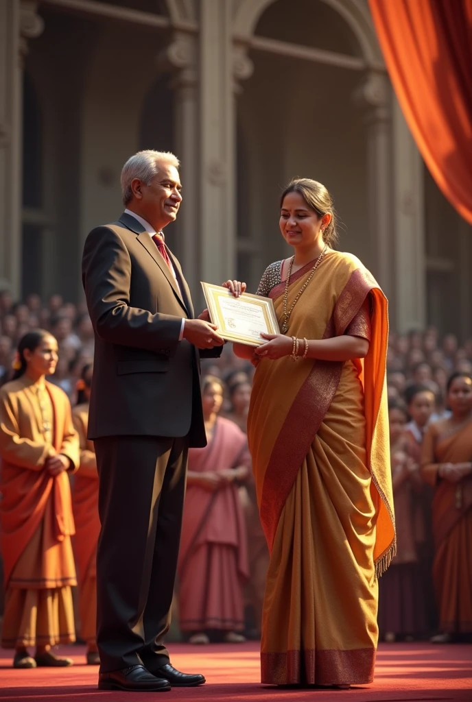 A student getting certificate in stage by teacher (indian)