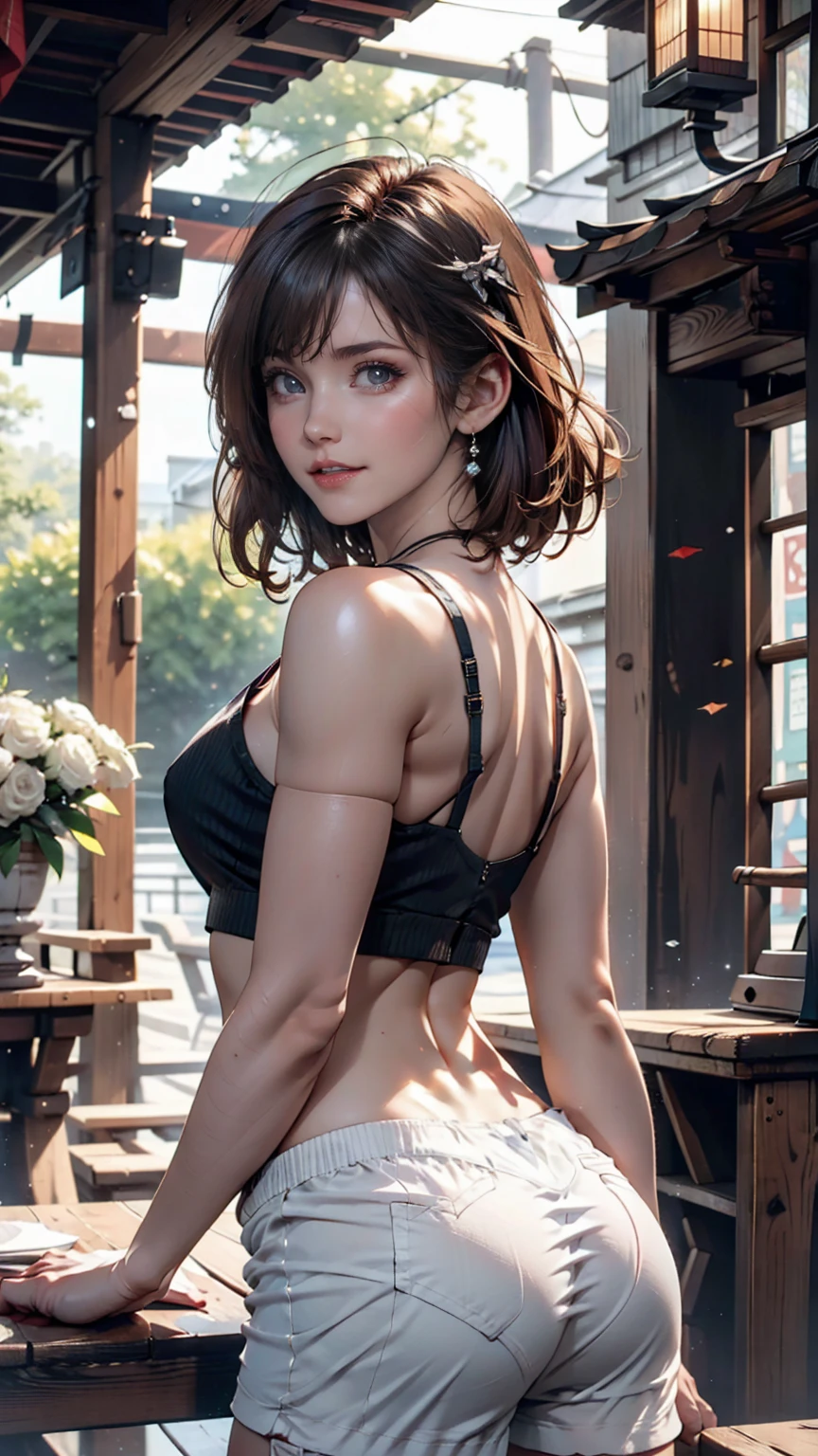 Short hair, outdoors, fair skin, messy hair、Japanese Woman, So cute, Soft and Face, Brown Hair, 8k解像度, Ultra-realistic, Super Definition, Soft Body Tight Ass Night, A cup small ((Highest resolution, 8k, masterpiece: 1.3)), Super Definition Face, Super Definition Lips, Beautiful Eyes, double eyelid、Emphasis on the crack of the buttocks