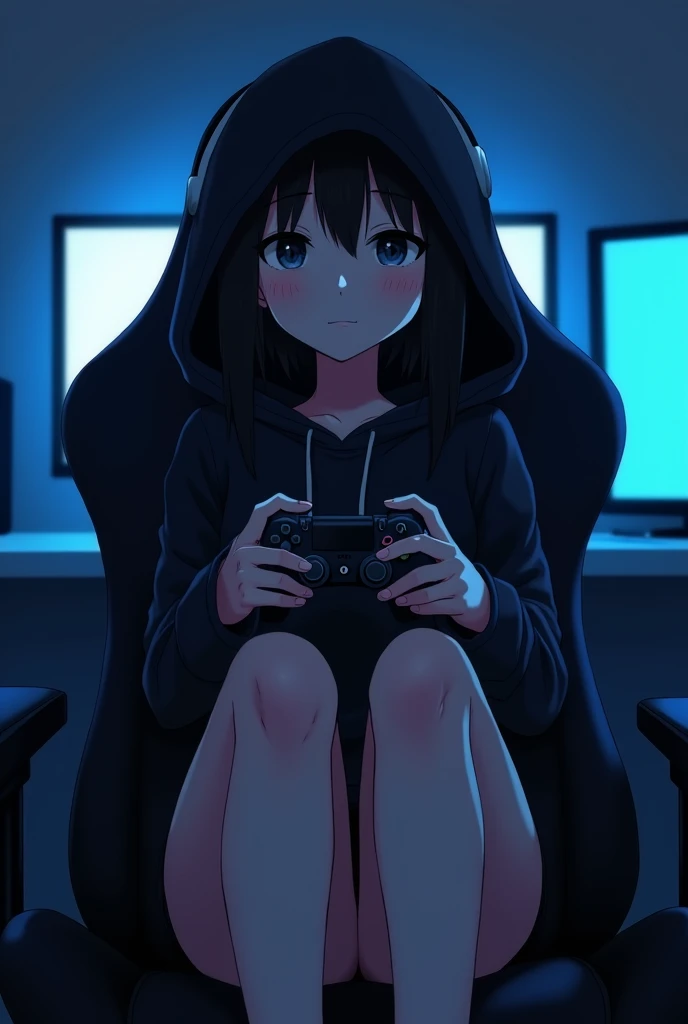Anime Style. A asian girl tall in her twenties with black hair, black eyes, black hood covering her head and headphones on her. The girl is barefoot. The girl's feet are on the gamer chair. In her right hand is the back of a PlayStation controller.. The background is a darkened gamer room, with low intensity light blue LED lights. The girl is sitting on a gamer chair. Five fingers