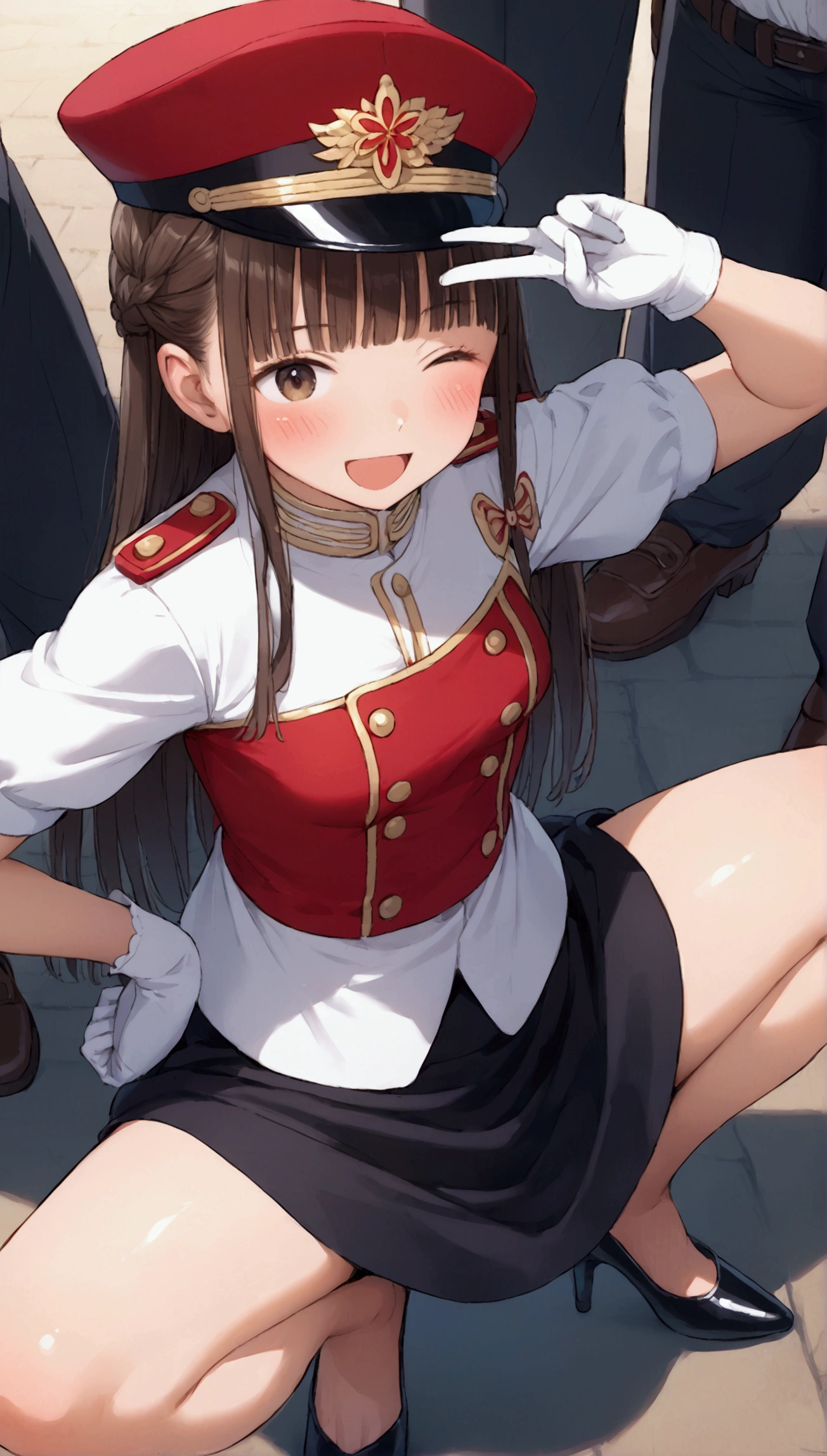 {Highest quality}, {Super beautiful},{Ultra fine},{Best illustration},Brown Hair,Hime cut,long hair,Braid,One woman,Crouching woman,Strike a pose,Adult women,smile,Excited face,Wink,Uniform cap,White Shirt,Short sleeve,long black skirt,White gloves,Night Festival,Blushing,Slender,Black stiletto heels,barefoot,From an angle,From above,Put one hand on your hip,Spread your legs