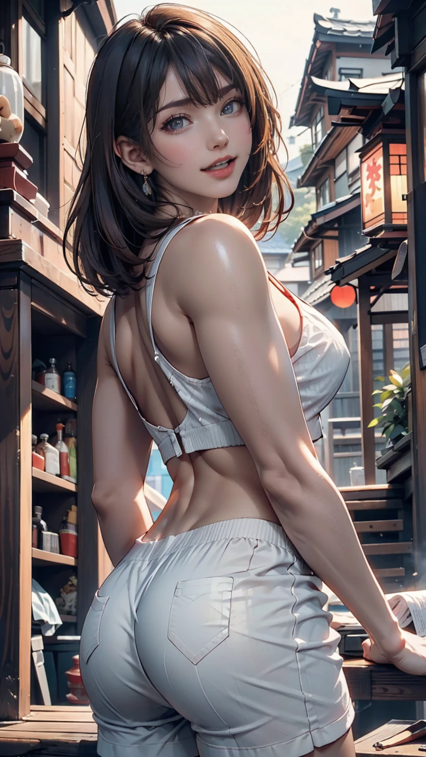 Short hair, outdoors, fair skin, messy hair, open mouth, Japanese woman, So cute, Soft and Face, Brown Hair, 8k解像度, Ultra-realistic, Super Definition, Soft Body Tight Ass Night, A cup small ((Highest resolution, 8k, masterpiece: 1.3)), Super Definition Face, Super Definition Lips, Beautiful Eyes, double eyelid