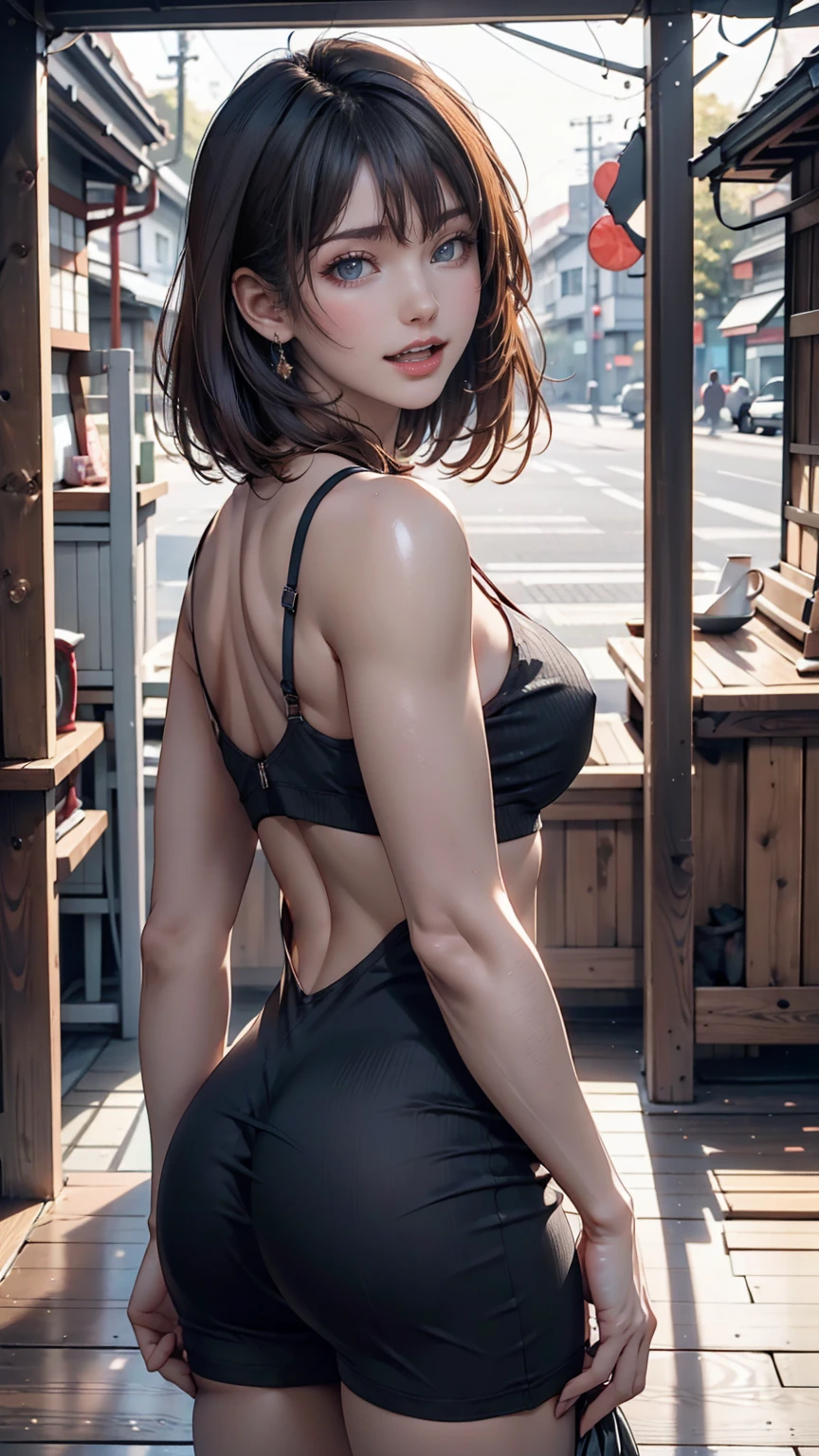 Short hair, outdoors, fair skin, messy hair, open mouth, Japanese woman, So cute, Soft and Face, Brown Hair, 8k解像度, Ultra-realistic, Super Definition, Soft Body Tight Ass Night, A cup small ((Highest resolution, 8k, masterpiece: 1.3)), Super Definition Face, Super Definition Lips, Beautiful Eyes, double eyelid