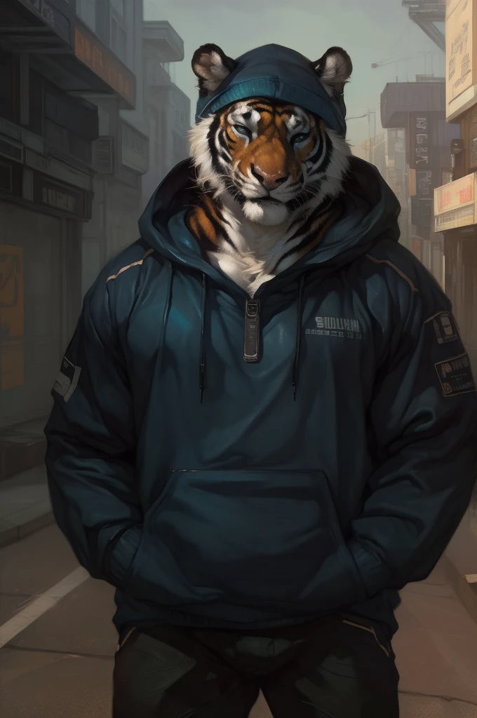 (By darkgem, by Oouna, by honovy, by thebigslick, By null-ghost), male, Lars, larsafterclassvn, afterclassvntiger, solo, front view, clothed, clothing, safe, ahibara, tokyo street, hoodie, streetwear, 