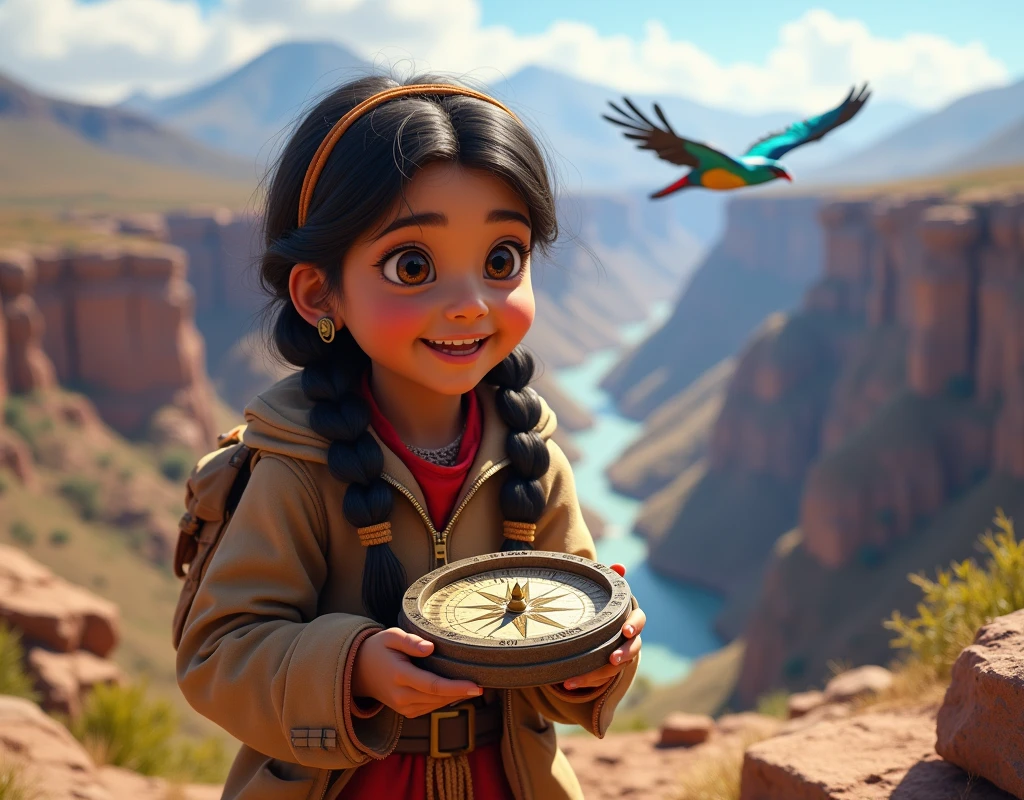 A Peruvian girl with braided hair and big eyes,happy, Colca Canyon explorer, se encuentra una antigua brújula muy emocionada y happy detrás de ella un ave gigante multicolor que vuela a lo lejos la cuida
