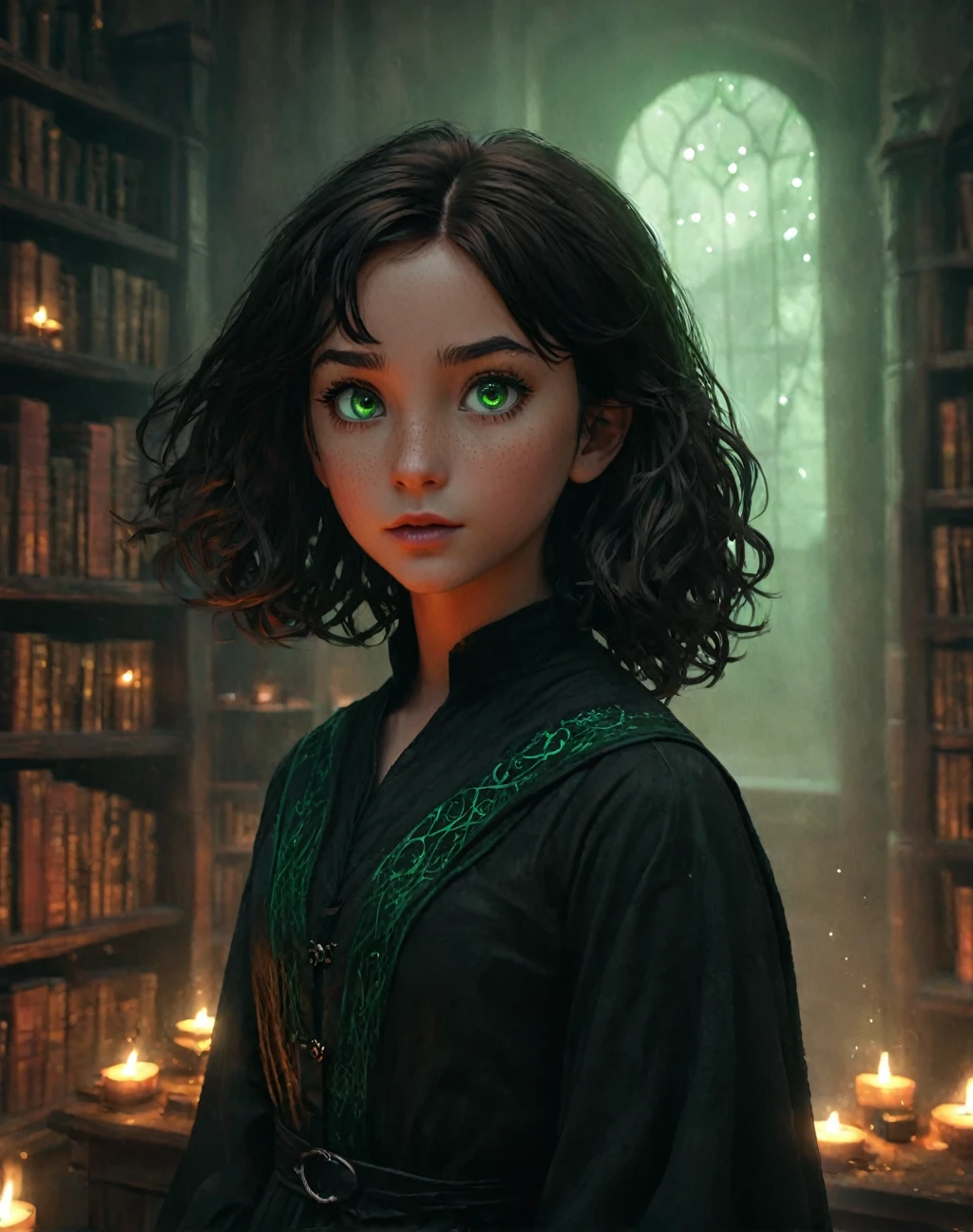 (best quality, masterpiece), 1 girl,  girl,daughter of severus snape, freckles, light green eyes, black copper shaggy hair, (style-swirlmagic:0.8), portrait, looking up, solo, half shot, detailed background, detailed face, (WitchcraftPunkAI theme:1.1) evil summoner, tattered dark brown magical robes, sinister smirk, green color scheme, dark scarlet light, study room, bookshelves, glowing magical text, dark atmosphere, shadows, realistic lighting, floating particles, embers, surrounded by fire, (thick melting candles:0.8), red arcane symbols, PsyAI,
