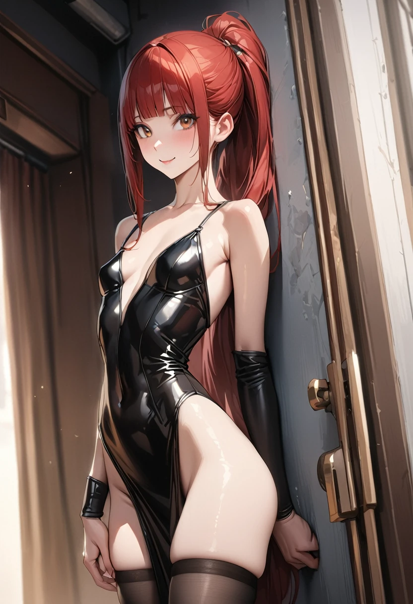 ((masterpiece,best quality anime,Highest quality:1.3)),realistic,,cowboy shot,(30 year old beauty), gunslinger ,1woman,独奏,((very small head:1.4)),((very long body:1.3)),red hair,bangs,straight long ponytail hair,gorgeous big eyes,brown eyes,smile,black mini dress,black_thighhighs),((slender body:1.3,skinny)),small breasts,gleaming skin,shiny skin,Luxury hotel party、The World of Westerns、