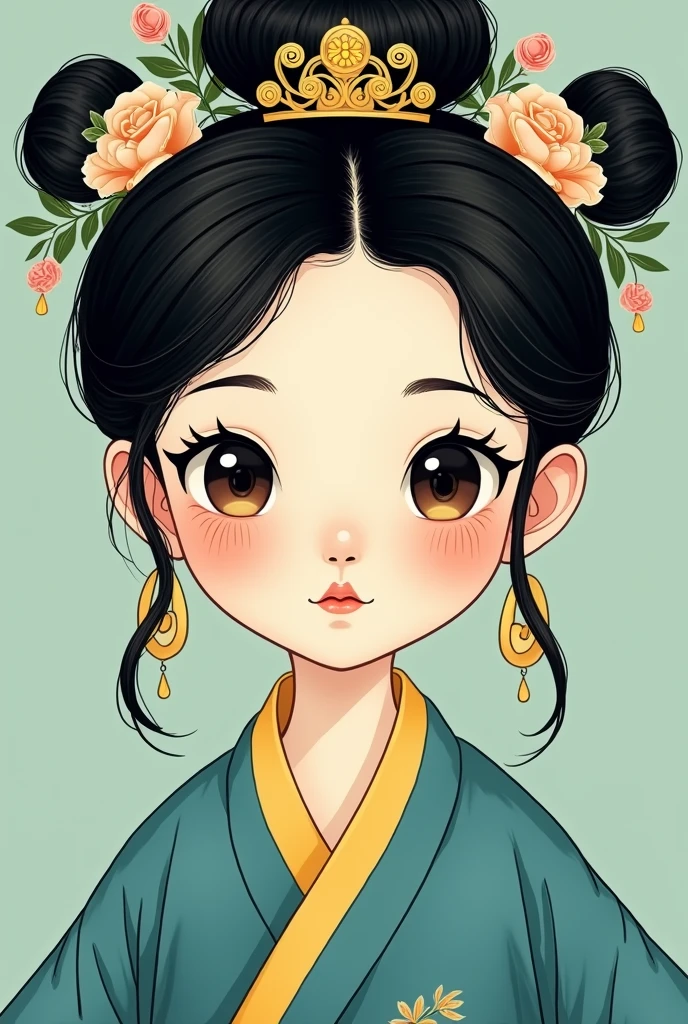 a gongbi painting of a chinese cartoon-like girl with black hair, Qing Dynasty style, exquisite headdress, cute face, close-up, in the style of cartoonish lithographs, extremely minimalism portrait, animated gif, rich details, crisp lines, fairy kei, dark blue and yellow and light cyan, matte light green background