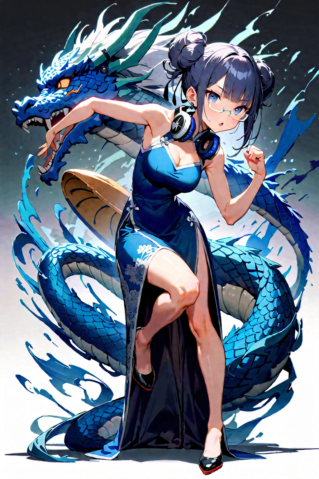 ((Highest quality、unity 8k wallpaper、32k、masterpiece、Very detailed、Ultra-high resolution、Ultra-high resolution、 Very detailedな顔, RAW Photos, Professional, Ultra-fine painting, Anatomically Correct Lizard Girl)) Yui Kotegawa transforms into a Blue Dragon, kotegawayui, Long black hair, Yellow Eyes, ((Reptile Eyes))、mouth with sharp fangs,、(From shoulder to collarbone、It is covered with fine scales up to its neck.)、(((In the ass、Juxtaposition, Impressive lizard tail stretching from tailbone to spine))) 、((Dragon legs with sharp claws、Fine blue scales that stretch like socks down to the thighs、Fine blue scales that grow like long gloves、Long nails))、Nipples are fully visible、((There are fine scales on the sides、It has fine blue scales growing around its waist..., Scales on the back、Scales from flank to thigh))、(The boundary between the scales and the skin is unclear)、((A small fin on the spine that continues to the tail))、(((Giant blue bat wings growing from the shoulder blades on his back)))