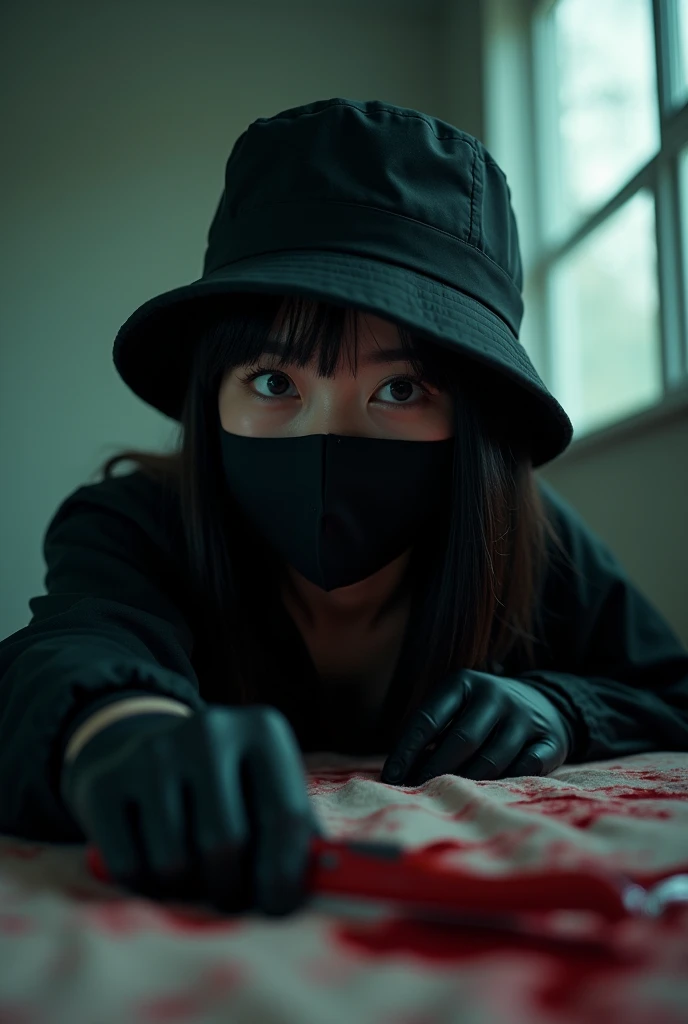 korean girl, (behind corpse, surgical mask), holding knife, stabbing, black gloves, room full of blood, black raincoat, bucket hat, holding knife, black gloves, behind corpse, blood splatter, long bangs, in the living room, black wet suit, night, mass murderer, killer, robbery, dark atmosphere, cinematic lighting, atmospheric realistic, close-up,
