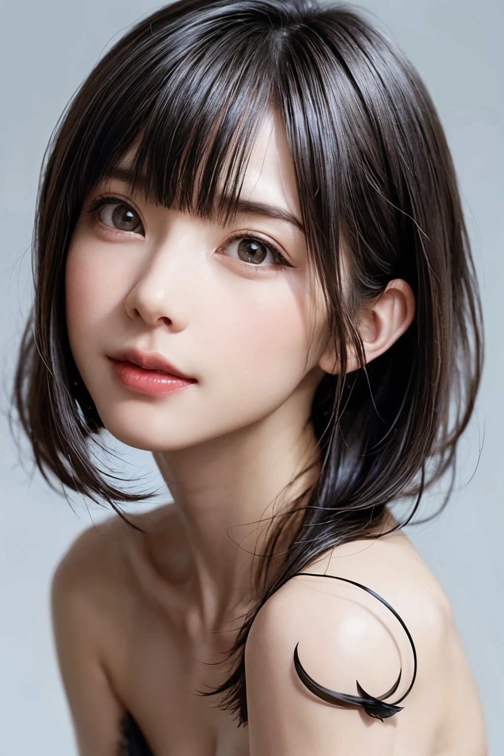 ((masterpiece, Highest quality, High resolution、Realisticですべてが美しく詳細に描かれている)), 1 girl, (Realistic: 1.4), alone, White Background, snow-White Background, Mouth closed, smile, smile, Beautiful black hair, short hair, Big eyes, Transparent double eyelids, eyelash, Listen carefully, Long neck, 美しくLong neck, Absolute area, ((Face close-up)), (Draw the whole head, shoulder), 19 years old, Attractive proportions, Glowing Skin, Beautiful clavicle, Golden ratio face, Perfect Face, Teardrop-shaped mole, chestのほくろ, bangs, clean bangs, beautiful bangs, Lip gloss, Thin lips, Fair skin, naked, Big Breasts, {Huge|big|Hugeな|Mega} chest:2, chestの谷間:2,chestの谷間を見せる、Small face, Small face, All the heads are painted, shoulder all drawn, Point slightly above the camera