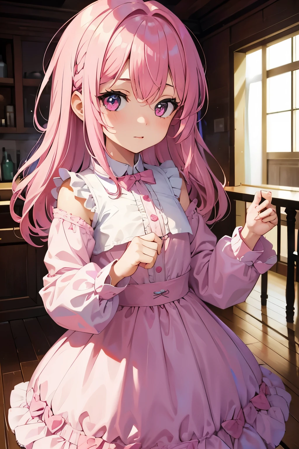 1girl, masterpiece, best quality, 4k, uhd, pink hair, pink eyes, a cute girl that seems like a child of wearing adorable dress, upper body, extremely cute