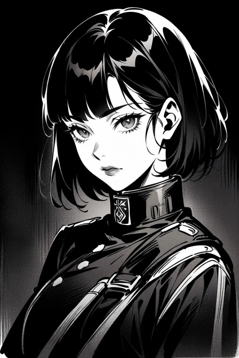 (Best quality, sketch:1.2),realistic,illustrator,anime,1 girl, detailed lips, black clothes, military, medic,custom, (dark monochrome background), dark hair,Textured trim, masterpiece, retro classic style, dark black, Art, sketch book, (black bob hair:1.75 neon:1.32), bad women , Dark Shadows